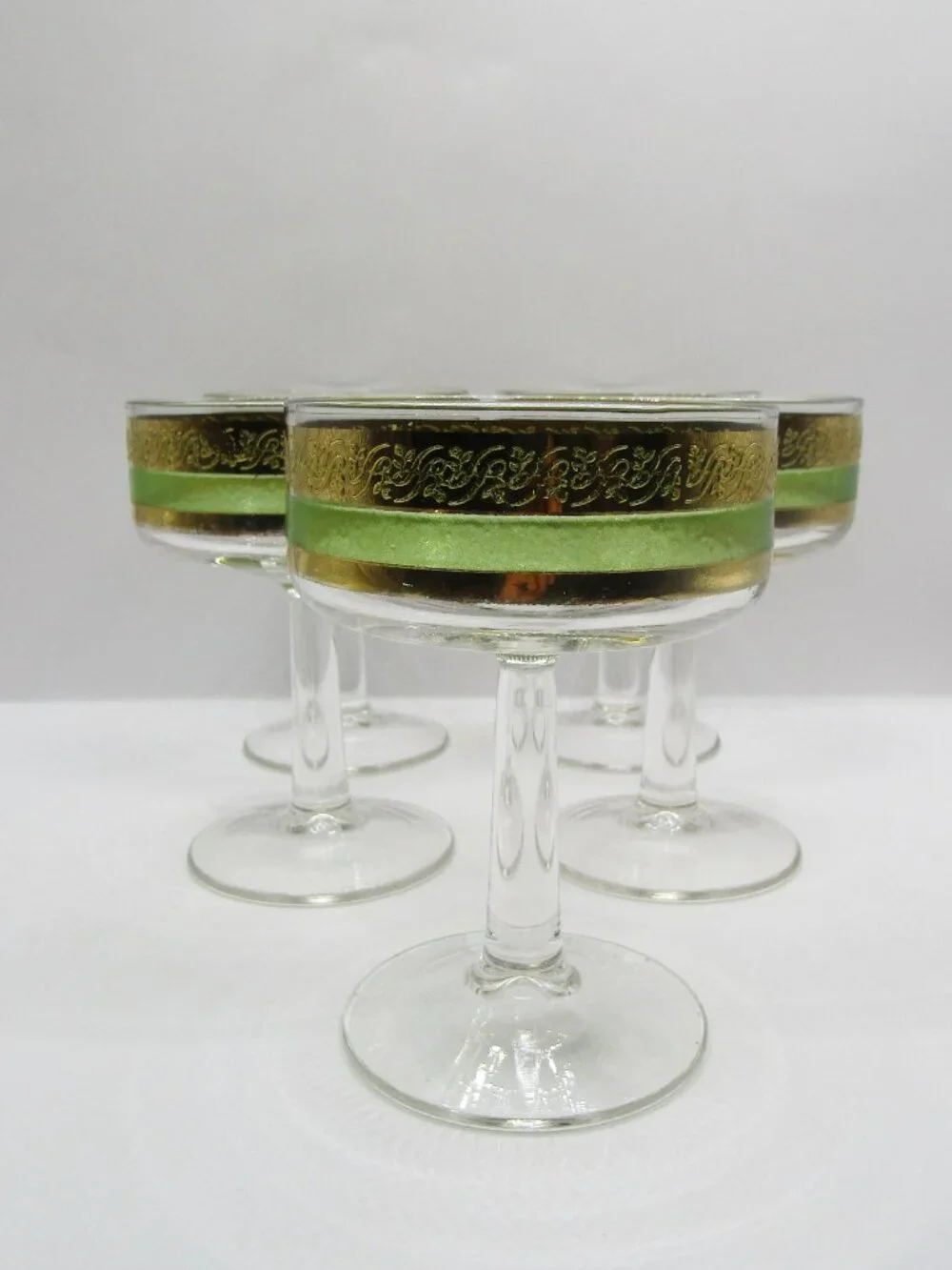 Set of Five Starlyte Green & Gold Scroll Coupe Glasses